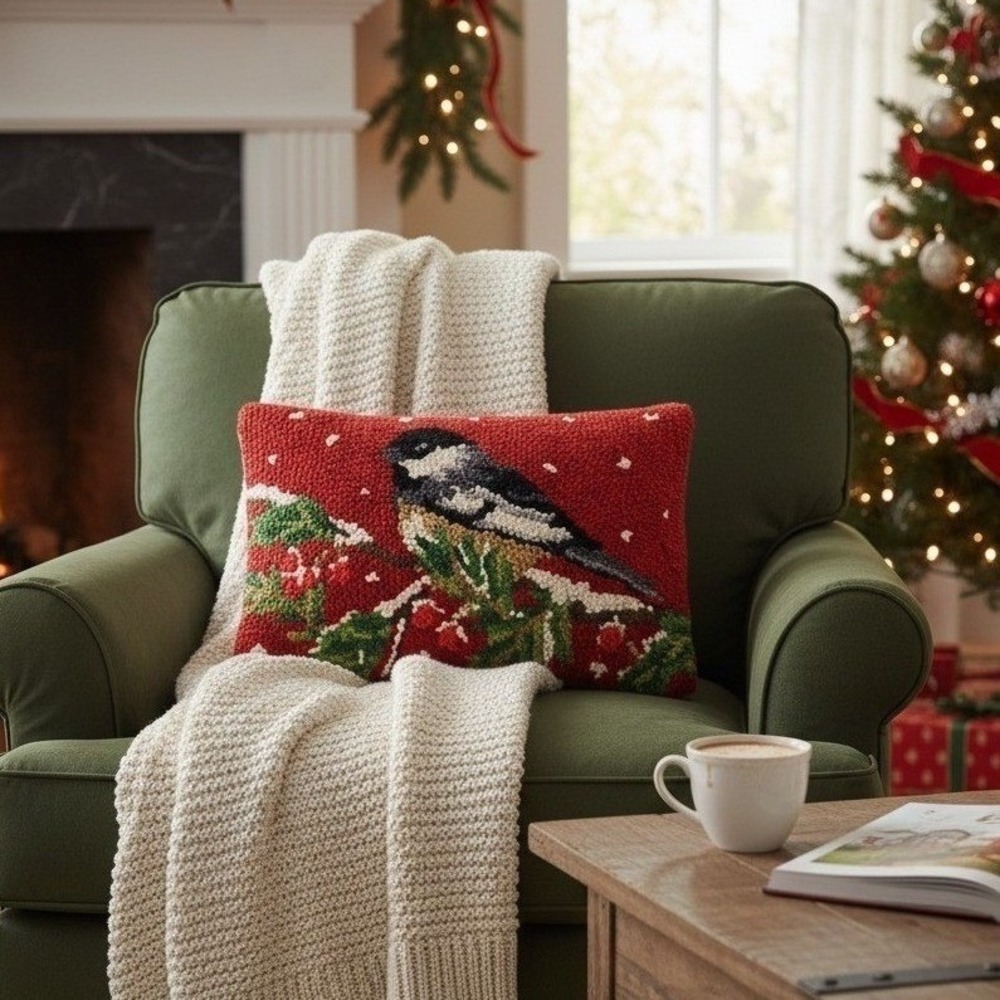 Vintage Hand Hooked Wool Chickadee Bird Accent Pillow, Red, Christmas Decor